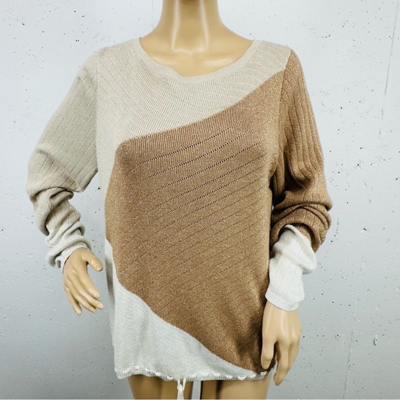 Venus Women’s size Medium Beige Tan Metallic Gold Threaded Drawstring Sweater - Picture 1 of 11